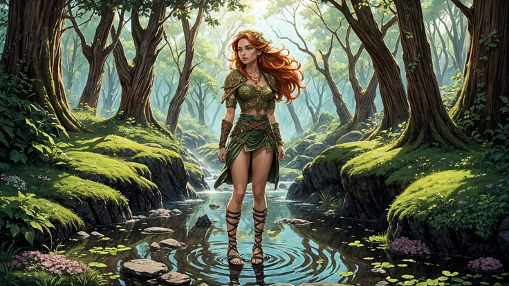 (young woman:1.2), (druid:1.2), photo, Fujifilm XT3 Viltrox, Road Sign Orange hair, close-up portrait, (standing:0.9), full body, legs, loincloth, (sandals), Hair Brown (clothes), flower in hair, shield earrings, celtic necklace, glossy lips, happy (smile:0.6), pretty beautiful, feminine, (nice lovely,adorable cute:0.8), sexy, (in love romantic loving:0.8), fantasy, (beautiful celtic landscape:0.9), (very detailed:1.2), (best quality:1.2), sharp focus, (big rocks:0.9), (moss:0.4), (ripples) reflections, celtic castle, (small river pond:0.5), druid forest, (druid village:1.2), (stunning nature environment:0.8) , (enchanted land:0.5), bright (sunny sky), (sunset:0.3), high contrast, ethereal cinematic lights, backlight, shadows, (lens flare:0.4), (vibrant colors, colorful):0.6, clovers, (Saffron flowers:0.9), leaves, <lora:Detail Tweaker LoRA add_detail:0.8><lora:depth_of_field_slider_v1:5> <lora:Celtic_20240307115511:0.3> <lora:SDXLrender_v2.0:1>
