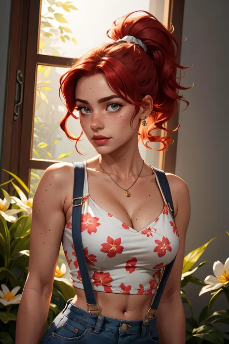 highres, masterpiece, perfect lighting, bloom, cinematic lighting, adult, female, perfect skin, looking at viewer, upper body, collarbone, wavy hair, necklace, suspenders, floral print, ponytail, freckles, red hair, sunlight, center opening, midriff, cleavage, sleeveless