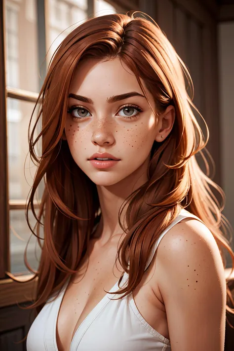 masterpiece, best quality, realistic photo of a girl, long hair, ginger freckles