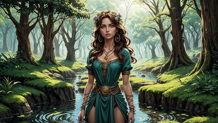 (young woman:1.2), (druid:1.2), photo, Fujifilm XT3 Viltrox, Espresso Brown hair, close-up portrait, (standing:0.9), full body, legs, loincloth, (sandals), Cornflower Blue (clothes), flower in hair, teardrop earrings, celtic necklace, glossy lips, happy (smile:0.6), pretty beautiful, feminine, (nice lovely,adorable cute:0.8), sexy, (in love romantic loving:0.8), fantasy, (beautiful celtic landscape:0.9), (very detailed:1.2), (best quality:1.2), sharp focus, (big rocks:0.9), (moss:0.4), (ripples) reflections, celtic castle, (small river pond:0.5), druid forest, (druid village:1.2), (stunning nature environment:0.8) , (enchanted land:0.5), bright (sunny sky), (sunset:0.3), high contrast, ethereal cinematic lights, backlight, shadows, (lens flare:0.4), (vibrant colors, colorful):0.6, clovers, (Lip Pink flowers:0.9), leaves, <lora:Detail Tweaker LoRA add_detail:0.8><lora:depth_of_field_slider_v1:5> <lora:SDXLrender_v2.0:1> <lora:Celtic_20240307115511:0.3>