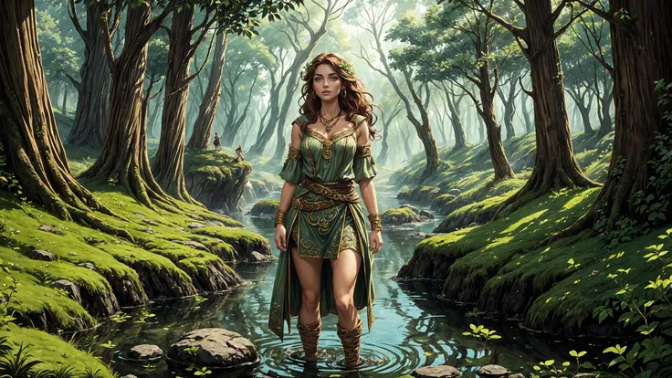 (young woman:1.2), (druid:1.2), photo, Fujifilm XT3 Viltrox, Spearmint hair, close-up portrait, (standing:0.9), full body, legs, loincloth, (sandals),  Burlap Brown (clothes), flower in hair, j-hoop earrings, celtic necklace, glossy lips, happy (smile:0.6), pretty beautiful, feminine, (nice lovely,adorable cute:0.8), sexy, (in love romantic loving:0.8), fantasy, (beautiful celtic landscape:0.9), (very detailed:1.2), (best quality:1.2), sharp focus, (big rocks:0.9), (moss:0.4), (ripples) reflections, celtic  castle, (small river pond:0.5), druid forest, (druid village:1.2), (stunning nature environment:0.8) , (enchanted land:0.5), bright (sunny sky), (sunset:0.3), high contrast, ethereal cinematic lights, backlight, shadows, (lens flare:0.4), (vibrant colors, colorful):0.6, clovers, (Moss flowers:0.9), leaves, <lora:Detail Tweaker LoRA add_detail:0.8><lora:depth_of_field_slider_v1:5> <lora:SDXLrender_v2.0:1>   <lora:Celtic_20240307115511:0.3>