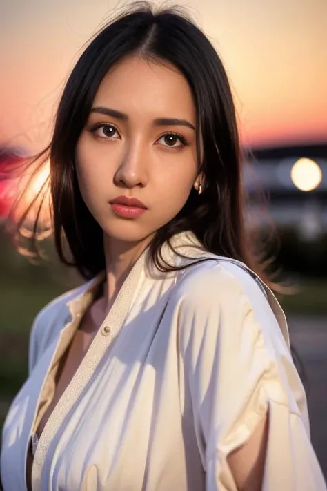 1girl,(wearing blouse and long jacket:1.2),(RAW photo, best quality), (realistic, photo-realistic:1.4), masterpiece, an extremely delicate and beautiful, extremely detailed, 2k wallpaper, Amazing, finely detail, extremely detailed CG unity 8k wallpaper, ultra-detailed, highres, soft light, beautiful detailed girl, extremely detailed eyes and face, beautiful detailed nose, beautiful detailed eyes,cinematic lighting,at a park,city lights at night,perfect anatomy,slender body, <lora:maeshimamayu_lora:0.8>