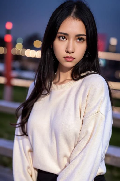 1girl,(wearing sweater and long jacket:1.2),(RAW photo, best quality), (realistic, photo-realistic:1.4), masterpiece, an extremely delicate and beautiful, extremely detailed, 2k wallpaper, Amazing, finely detail, extremely detailed CG unity 8k wallpaper, ultra-detailed, highres, soft light, beautiful detailed girl, extremely detailed eyes and face, beautiful detailed nose, beautiful detailed eyes,cinematic lighting,at a park,city lights at night,perfect anatomy,slender body, <lora:maeshimamayu_lora:0.8>