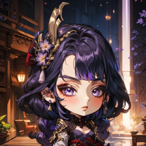 masterpiece, best quality, chibi, 1girl, solo, Shenhe,
Small nose, Long Purple hair, 
Purple eyes, hair ornament, <lora:GenshinStickers:1>   <lora:Raiden:1>