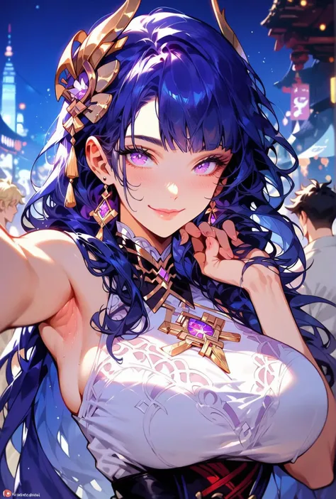 score_9, score_8_up, score_7_up, Expressiveh, ultra detailed, one sexy girl shows her cleavage, solo, cute, delicate and beautiful face, huge breasts, sleeveless shirt, selfie, night city background, purple theme, (pov:0.9), <lora:Expressive_H:1>, armpit, <lora:EnvyPonyPrettyEyes01:0.8>, smiling , beautiful detailed iris, looking at viewer, raiden_genshin, <lora:Raiden:1>, default_dress, raiden, hair ornament, dramatic night sky, teasing, festival background