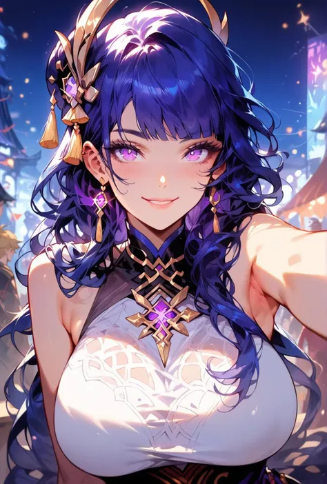 score_9, score_8_up, score_7_up, Expressiveh, ultra detailed, one sexy girl shows her cleavage, solo, cute, delicate and beautiful face, huge breasts, sleeveless shirt, selfie, night city background, purple theme, (pov:0.9), <lora:Expressive_H:1>, armpit, <lora:EnvyPonyPrettyEyes01:0.8>, smiling , beautiful detailed iris, looking at viewer, raiden_genshin, <lora:Raiden:1>, default_dress, raiden, hair ornament, dramatic night sky, teasing, festival background