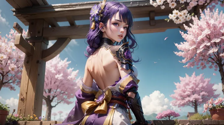 1girl, solo, raiden shogun, raiden_genshin, default_dress, purple hair, purple eyes, purple flower, sakura, cherry tree,
(masterpiece:1,2), best quality, masterpiece, highres, original, extremely detailed wallpaper, perfect lighting,(extremely detailed CG:1.2), vibrant details, bokeh, <lora:(raiden_genshin,default_dress)Raiden:0.7>