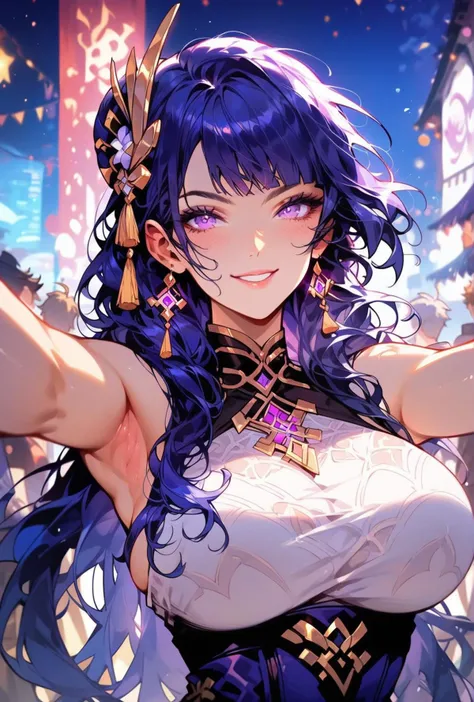 score_9, score_8_up, score_7_up, Expressiveh, ultra detailed, one sexy girl shows her cleavage, solo, cute, delicate and beautiful face, huge breasts, sleeveless shirt, selfie, night city background, purple theme, (pov:0.9), <lora:Expressive_H:1>, armpit, <lora:EnvyPonyPrettyEyes01:0.8>, smiling , beautiful detailed iris, looking at viewer, raiden_genshin, <lora:Raiden:1>, default_dress, raiden, hair ornament, dramatic night sky, teasing, festival background