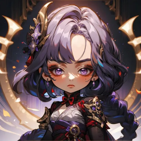 masterpiece, best quality, chibi, 1girl, solo, Shenhe,
Small nose, Long Purple hair,
Purple eyes, hair ornament, <lora:GenshinStickers:1> <lora:Raiden:1>