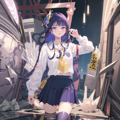 masterpiece, best quality, 1girl, solo, raiden_genshin, school uniform, white shirt, purple skirt, tie <lora:Raiden:1>