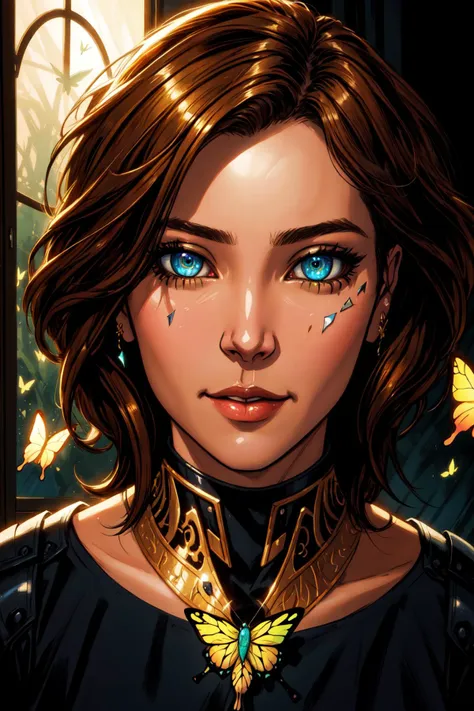 Comic Art Style, (masterpiece, best quality, ultra-detailed, highres, best illustration),perfect face, ((solo, solo focus)),sidelighting,, epic, illustration, render, volumetric lighting, welcoming, see-through gossamer,lustrous skin,(bloom), (shine),8k portrait of beautiful cyborg with brown hair, intricate, elegant, highly detailed, majestic, digital photography, surreal painting gold butterfly filigree, broken glass, (masterpiece, sidelighting, finely detailed beautiful eyes: 1.2), hdr, in the style of jim lee, in the style of joe mad, in the style of andy kubert, art by artgerm, (zentangle, mandala, tangle, chaos, disorder, spider webs, entangle:0.6)