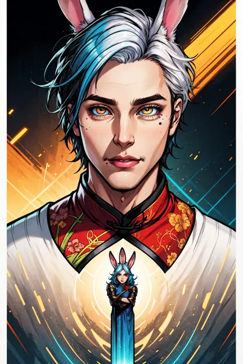 Comic Art Style, ( 1boy, male focus), solo, blue hair, multicolored hair, rabbit ears, two-tone hair, mole, white hair, sidelighting, epic, illustration, render, see-through gossamer, shiny skin, (bloom), (shine), ray tracing, masterpiece, best quality, chinese clothes, heterochromia, brown eyes, orange eyes, looking at viewer, depth_of_field, very detailed background, extreme light and shadow, (detailed eyes), specular highlights, subsurface scattering, movie poster quality, (extremely detailed illustrated 8k wallpaper), (masterpiece), (best quality), (ultra-detailed), (best shadow), (fantasy:1.4), vivid colors, in the style of jim lee, in the style of joe mad, in the style of andy kubert, art by artgerm, (zentangle, mandala, tangle, chaos, disorder, spider webs, entangle:0.6)