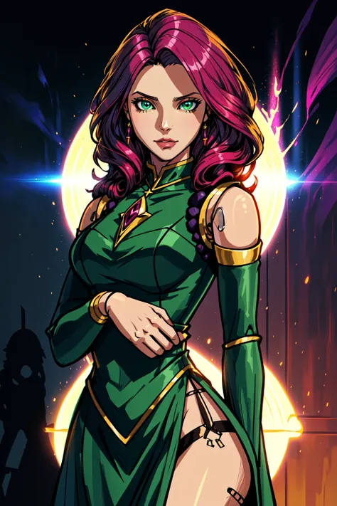 extremely beautiful doll, ((doll joints, plastic doll)), (masterpiece, best quality, perfect eyes), (green eyes), (best anime, extreme light and shadow, perfect composition), 1girl, solo, magenta hair, ((wizard, mage)), green eyes, bare shoulders, skimpy dress, (high quality, best illustration)