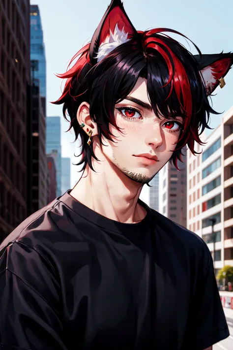 1boy,  stubble,  genderless,  solo,  red eyes,  animal ears,  two tone hair,  red hair,  black hair,  earrings,  jewelry, cat ears,  shirt,  black shirt, american heritage, outdoors