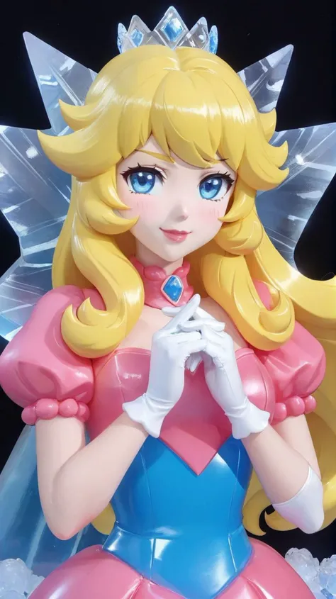 (masterpiece, best quality),1girl,princess peach,blonde hair,blue eyes,long hair,crown,dress,gem,gloves,pink dress,puffy short sleeves,puffy sleeves,short sleeves,white gloves,evil smile,glossy lips,glossy skin,blushing,<lora:PE_IceSculpture:1>, PEIceSculpture,ice sculpture,