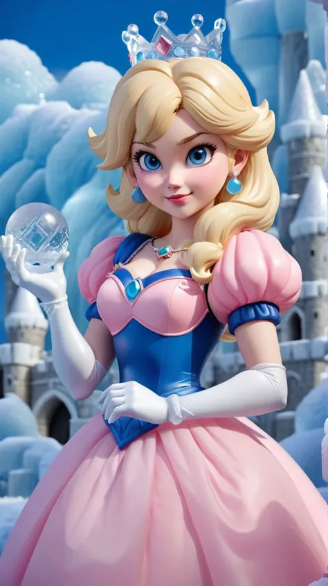 (masterpiece:1.1),(best quality:1.1),1girl,(PEIceSculptureprincess peach),blonde hair,blue eyes,long hair,crown,dress,gem,gloves,pink dress,puffy short sleeves,puffy sleeves,short sleeves,white gloves,evil smile,glossy lips,glossy skin,blushing,outside,castle,day,clouds,nature,<lora:PE_IceSculpture:1>,ice sculpture,