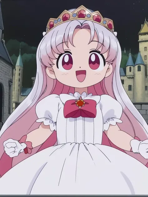 <lora:Silver_Oujo:0.8>SilverOujo, dress, gloves, open mouth, smile, long hair, white gloves, tiara, :d, red eyes, bow, white dress, 1girl, jewelry, parody, pink hair, multiple girls, magical girl, skirt hold, solo focus,
castle in the room,
masterpiece, high quality, very_high_resolution, large_filesize, full color, 1990s \(style\), anime, anime_screencap, animated gif, mp4 ,video, animated,