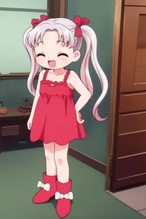 <lora:Silver_Oujo:0.8>SilverOujo, 1girl, solo, twintails, closed eyes, long hair, smile, bow, chemise, standing, open mouth, boots, hair bow, indoors, full body, red footwear, :d
castle in the room, 1girl, soro, chibi, 
masterpiece, high quality, very_high_resolution, large_filesize, full color, 1990s \(style\), anime, anime_screencap, animated gif, mp4 ,video, animated,
