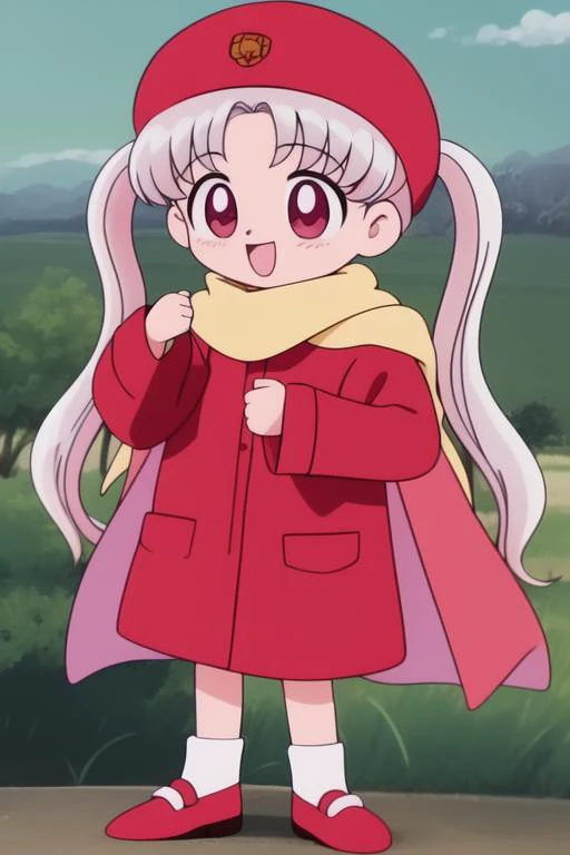 <lora:Silver_Oujo:0.8>SilverOujo, 1girl, solo, yellow_headwear, twintails, long_hair, red_eyes, white_hair, pink_hair,
fur hat, scarf, coat, shoes, happy, standing, looking at viewer, cowboy Shot,
masterpiece, high quality, very_high_resolution, large_filesize, full color, 1990s \(style\), anime, anime_screencap, animated gif, mp4 ,video, animated, chibi,