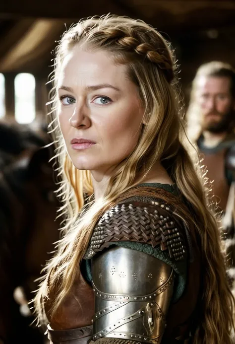 blockbuster movie poster, portrait photo of the shieldmaiden woman m1r0tt, (braided wild hair:1.1), (torn leather and metal armor combination with some rusty spots:1), (Rohirrim armor ornaments and decorations:1.2), standing in the wooden stables, (high detailed fair skin:1.3), 8k, uhd, insane details, daylight lighting, insane quality, intricate details, sharp focus, <lora:Miranda Otto SDXL_v1.0:0.95>, Rohirrim with long full beards in the background, 16k, UHD, DSLR, award-winning photo, film grain, background light bokeh