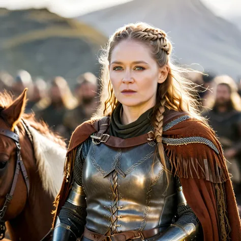 blockbuster movie poster, portrait photo of the shieldmaiden woman m1r0tt, (wild braided hair:1.1), wearing a cape coat, (a used leather with metal armor combination with some rust on it:1:2), (Rohirrim armor ornaments and decorations:1.2), (riding on a rohirrim dapple gray horse:1.5), (high detailed fair skin:1.3), male Rohirrim with long full beards in the background, background light bokeh, 16k, UHD, DSLR, award-winning photo, film grain, daylight lighting, insane quality, intricate details, sharp focus, <lora:Miranda Otto SDXL_v1.0:0.85>, <lora:xl_more_art-full_v1:0.5>, detailed eyes