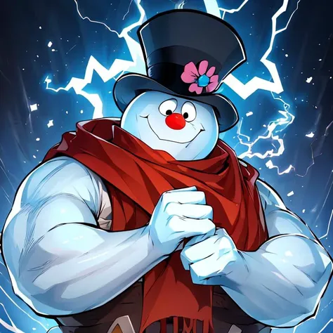 <lora:ricegnat_style:0.8>,((masterpiece,best quality)), absurdres, <lora:Frosty_the_Snowman:0.8>, Frosty_the_Snowman, snowman, no humans, muscular,  1boy, solo, muscular  smirk, looking at viewer, cowboy shot, <lora:r1ge - AnimeRage:0.5>,  r1ge, blue aura, electricity