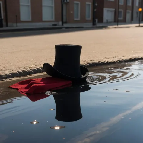 am amazing photograph of a puddle of water on a sunny day, with a corn cob pipe, on the street, black top hat and red scarf, ultra detailed, amazing quality, 8K, UHD, DSLR,  <lora:Frosty_the_Snowman:0.3> Frosty_the_Snowman,
