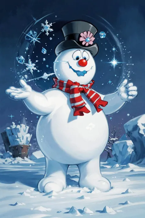 solo, <lora:Frosty_the_Snowman:0.8>, Frosty_the_Snowman, snowman, no humans, <lora:add_detail:0.7>, <lora:Concept - Cryomancer:0.1>, ice-flurry, snow, ice-shard, ice, crystal, magic, cryokinesis, casting spell,