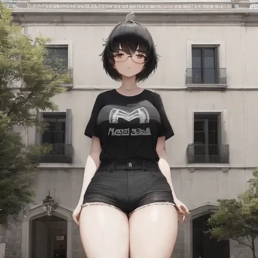 <lora:buildingFacade_:0.6>buildingfacade,lora, masterpiece,best quality,highres, 1girl,glasses,black hair,short hair,t-shirt,shorts,thick thighs,skindentation