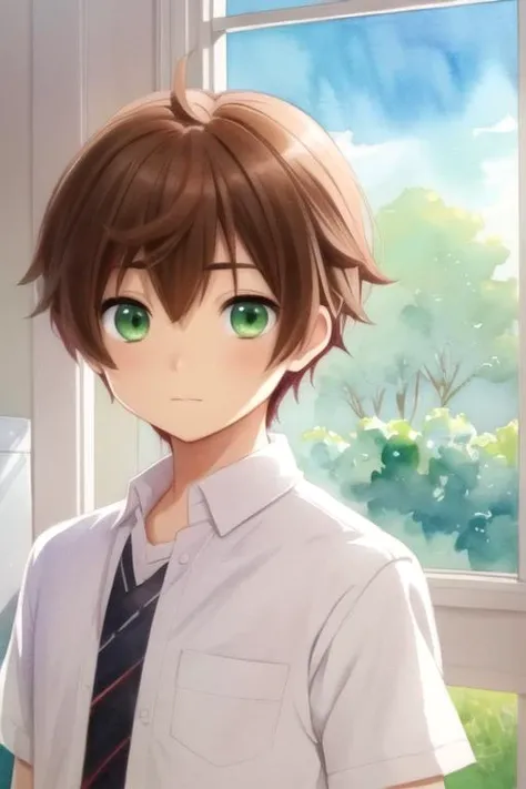 masterpiece, best quality, sketch, 1boy, solo, male focus, looking at viewer, upper body, depth of field, (watercolor illustration, soft pastel colors:1.1), , <lora:yuuta_togashi:0.66>, yuuta_togashi, brown hair, green eyes, , science fiction transhumanism,