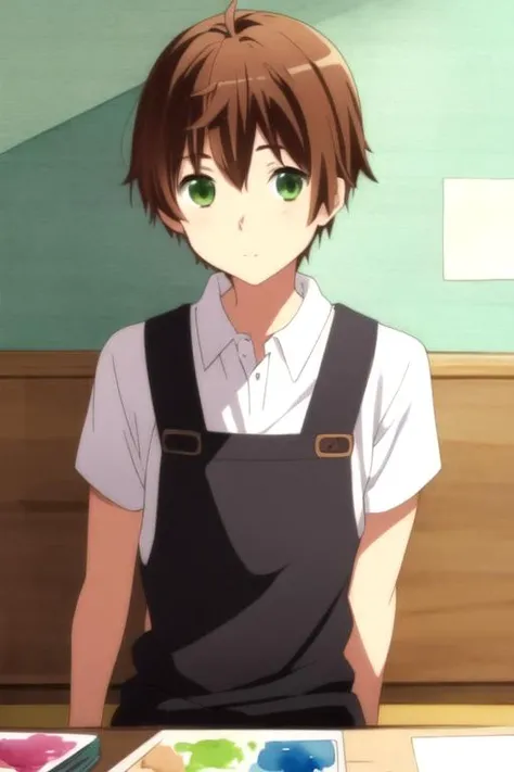 masterpiece, best quality, wallpaper, 1boy, solo, male focus, looking at viewer, , , (watercolor illustration, soft pastel colors:1.1), , <lora:yuuta_togashi:0.76>, yuuta_togashi, brown hair, green eyes