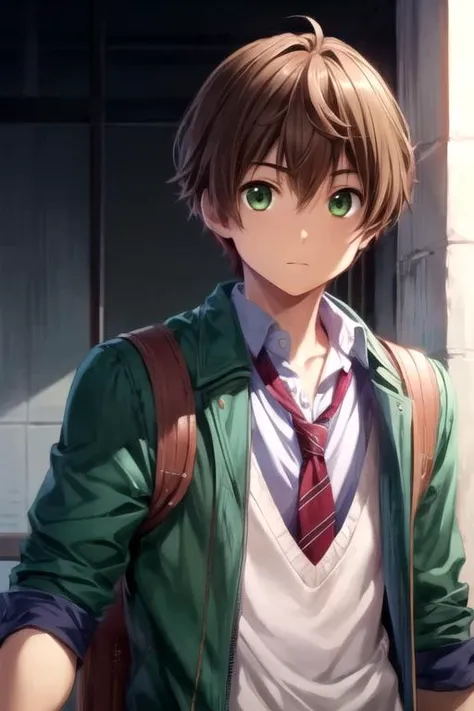 masterpiece, best quality, , 1boy, solo, male focus, looking at viewer, upper body, , anime coloring, realistic, <lora:yuuta_togashi:0.66>, yuuta_togashi, brown hair, green eyes, zombie hunter costume, planet, HD-DVD