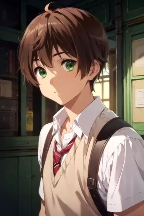 masterpiece, best quality, game cg, 1boy, solo, male focus, looking at viewer, upper body, depth of field, , realistic, <lora:yuuta_togashi:0.76>, yuuta_togashi, brown hair, green eyes, , dieselpunk, HDR
