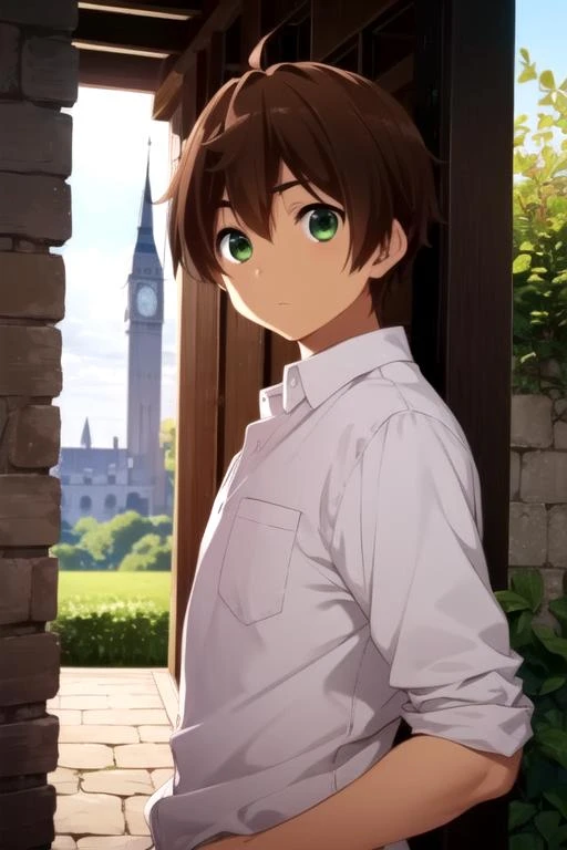 masterpiece, best quality, movie still, 1boy, solo, male focus, looking at viewer, upper body, , , realistic, <lora:yuuta_togashi:0.76>, yuuta_togashi, brown hair, green eyes, , The Tower of Oblivion: A stronghold where forgotten secrets and dark magic are hidden,