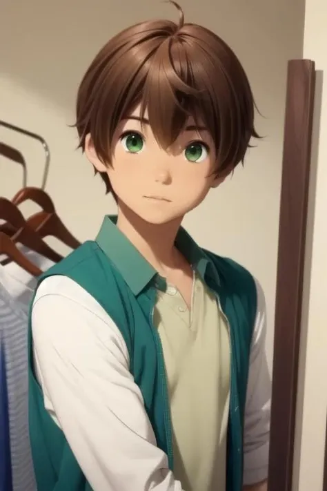 masterpiece, best quality, , 1boy, solo, male focus, looking at viewer, upper body, , , , <lora:yuuta_togashi:0.78>, yuuta_togashi, brown hair, green eyes, , changing room, High resolution