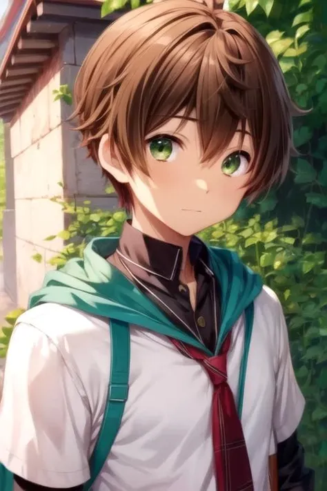 masterpiece, best quality, illustration, 1boy, solo, male focus, looking at viewer, upper body, , , , <lora:yuuta_togashi:0.82>, yuuta_togashi, brown hair, green eyes, , The Shrine of the Lost,