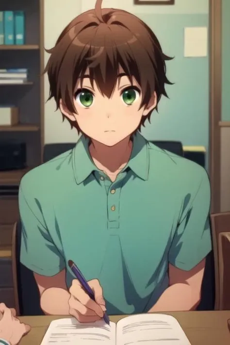 masterpiece, best quality, game cg, 1boy, solo, male focus, looking at viewer, , depth of field, , , <lora:yuuta_togashi:0.74>, yuuta_togashi, brown hair, green eyes, polo shirt, , fantasy, Blu-ray