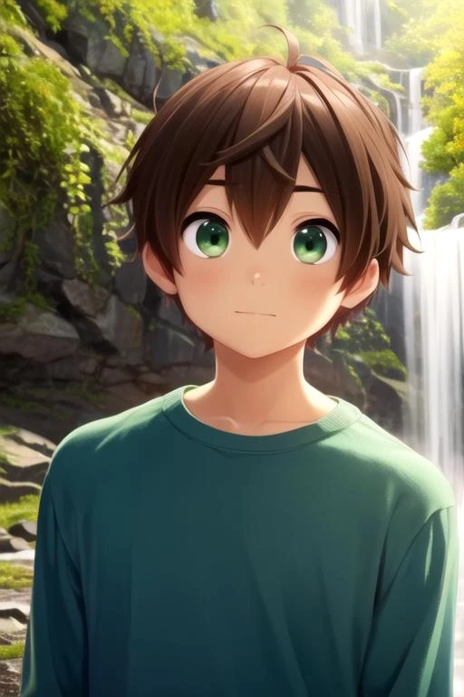 masterpiece, best quality, wallpaper, 1boy, solo, male focus, looking at viewer, upper body, depth of field, , realistic, <lora:yuuta_togashi:0.68>, yuuta_togashi, brown hair, green eyes, crewneck, , waterfall,