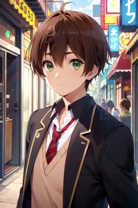 masterpiece, best quality, movie still, 1boy, solo, male focus, looking at viewer, upper body, depth of field, anime coloring, , <lora:yuuta_togashi:0.68>, yuuta_togashi, brown hair, green eyes, convict costume, arcade, High definition