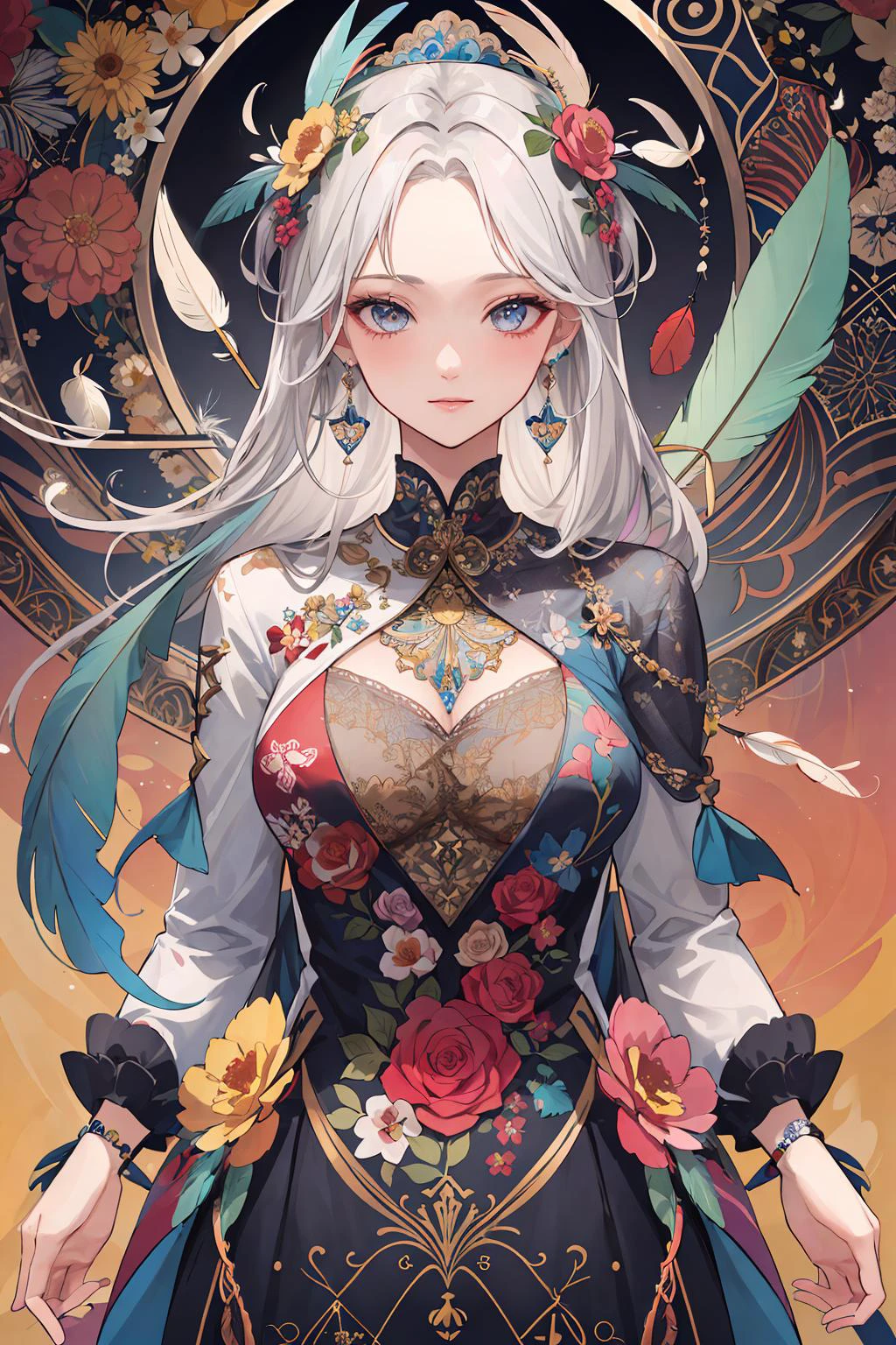 moyou,(masterpiece, top quality, best quality, official art, beautiful and aesthetic:1.2), (1girl:1.3), extremely detailed,(fractal art:1.1),(colorful:1.1)(flowers:1.3),highest detailed,(zentangle:1.2), (dynamic pose), (abstract background:1.3), (many colors:1.4), ,(earrings), (feathers:1.5).