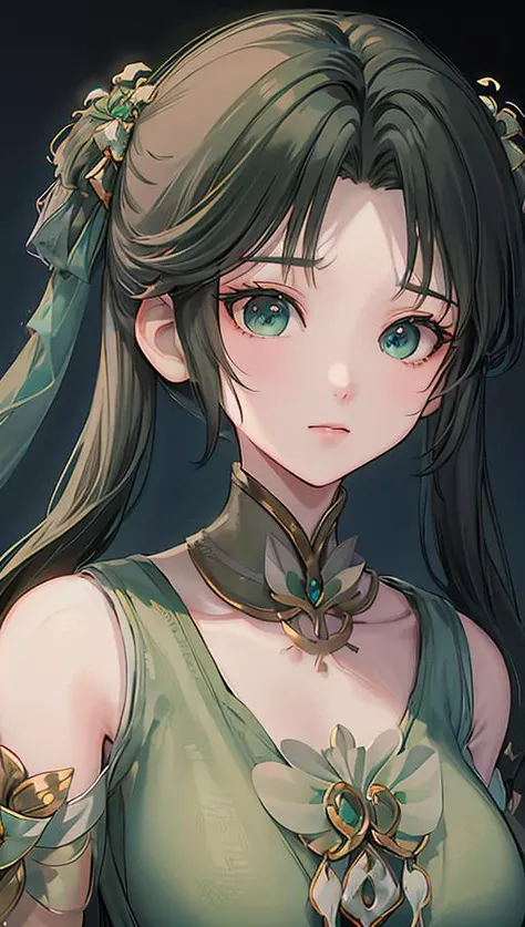 <lora:biyao:1>,biyao,1girl,solo,twintails,green dress,dress,upper body,Emerald,hair ornament,looking at viewer,black hair,long hair,(simple background:1.4),brown hair,clothing cutout,chinese clothes,shoulder cutout,green background,, best quality , masterpiece, illustration, an extremely delicate and beautiful, extremely detailed ,CG,unity,8k wallpaper, Amazing, finely detail, masterpiece, best quality,official art,extremely detailed CG unity 8k wallpaper,absurdres, incredibly absurdres, huge filesize , ultra-detailed, highres, extremely detailed,beautiful detailed girl, extremely detailed eyes and face, beautiful detailed eyes,light on face,