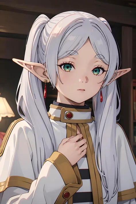 <lora:pikkyfrieren:0.8>,super high resolution,best quality,Photos,4k,ingling,1girl,pointy ears,(green eyes:1.1),solo,twintails,(white hair:1.2),jewelry,long hair,elf,earrings,long sleeves,looking at viewer,bangs,closed mouth,pikkyfrieren,