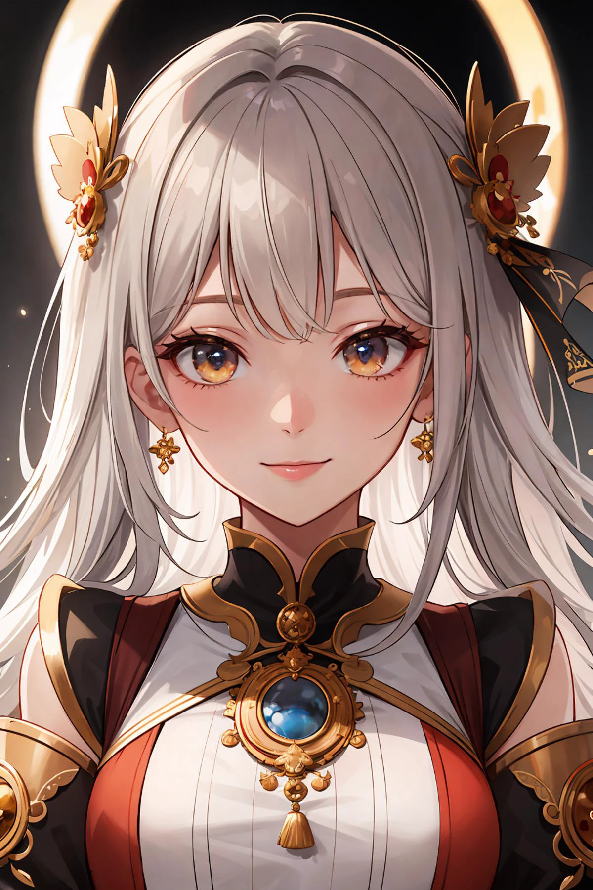 moyou,(masterpiece, top quality, best quality, official art, beautiful and aesthetic, in center, face front:1) a girl, smile, close-up portrait, and a machine he was using, in the style of ornate complexity, dark orange and light bronze, abstraction-création, elaborate costumes, light crimson and gray, varying perspectives, light gold and bronze