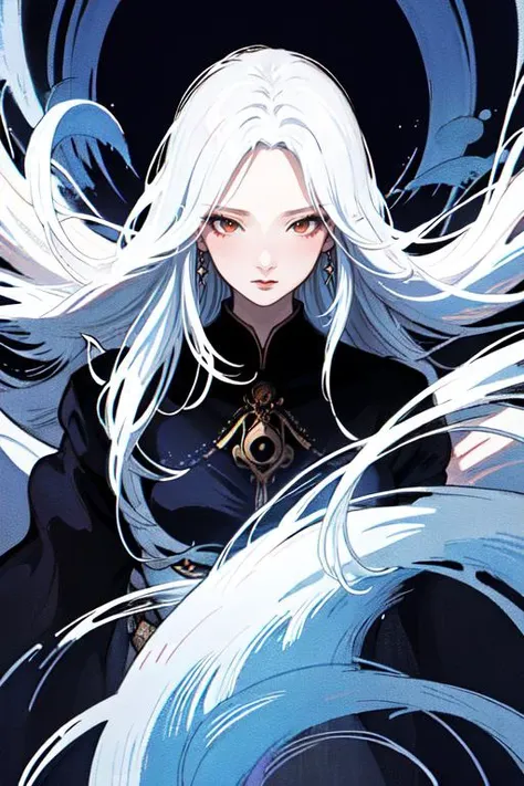 amano yoshitaka, <lora:amano_yoshitaka_offset:1>, 1girl, solo, closeup portrait, white long hair, floating hair, dark dim dramatic atmosphere, masterpiece, best quality, top quality, ultra-detailed, professional illustration, animation, official art, beautiful and aesthetic, detailed background, hires