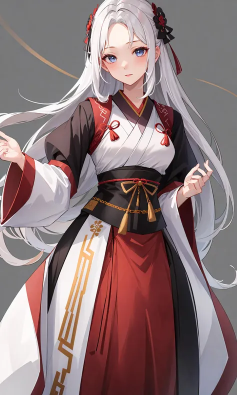 1girl,moyou,forehead,white hair,long hair,solid background,hanfu,