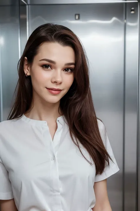 headshot of S233_IrinaTelicheva,a stylish woman,in an (elevator),wearing a (shirt:1.1),(smiling),(8k, RAW photo, best quality, depth of field, ultra high res:1.1),(absurdres, intricate, photorealistic, masterpiece, ultra-detailed:1.2),