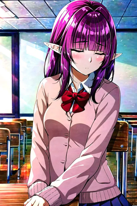 solo, 1girl, elf, blunt bangs, eyebrows visible through hair, purple long hair, medium breasts, pointy ears, alternate costume, school uniform, ((pink cardigan)), (grey pleated skirt), (sitting, sleeping, closed eyes), (school desk, school chair), (classroom, school, indoors), upper body, <lora:negative-e12-15:-1.5>