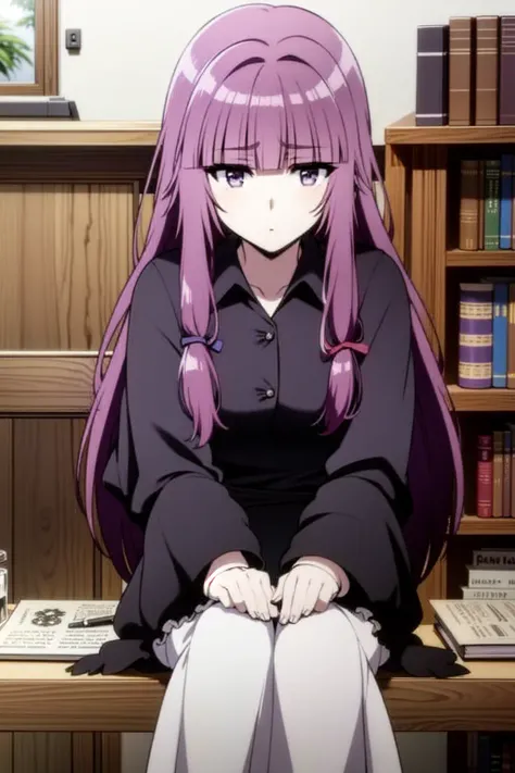 1girl, bangs, blunt_bangs, book, dress, eyebrows_visible_through_hair, long_hair, looking_at_viewer, no_hat, no_headwear, patchouli_knowledge, purple_eyes, purple_hair, solo