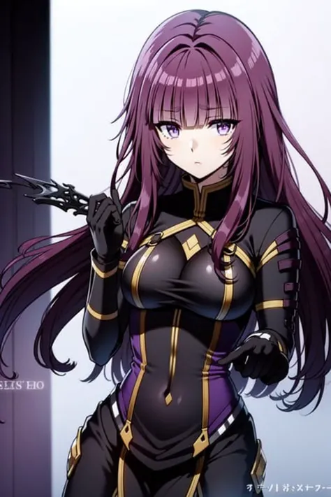 1girl, bangs, blunt_bangs, breasts, cover, c covered_navel, eyebrows_visible_through_hair, fake_cover, gloves, holding, long_hair, looking_at_viewer, medium_breasts, purple_eyes, purple_hair, solo, very_long_hair