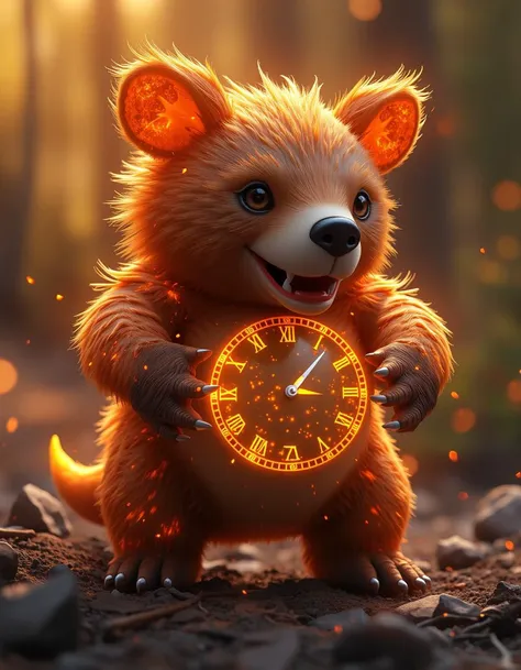 (magical:1.2) bear and (kobold:1.1) mixed together, (made of glowing time energy:1.1), Pastel Orange accents, space neon Golden Brown time background, epic fantasy, highly detailed digital art concept art, wide angle, open shade lighting,